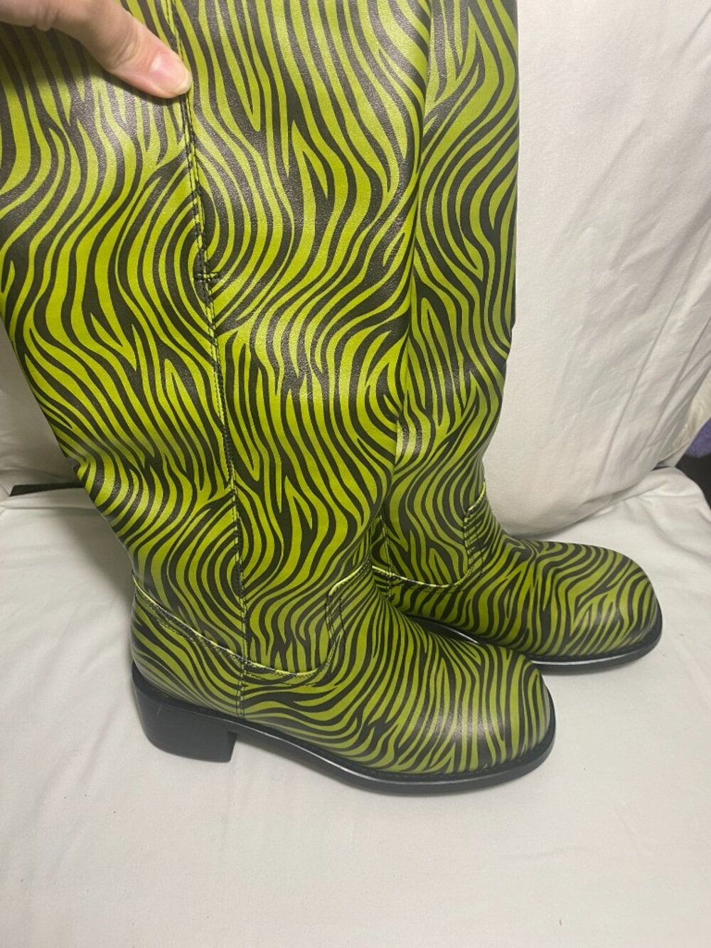 Women's Size 10 Green Black Zebra Print Knee High Boots Mod GoGo Retro Style